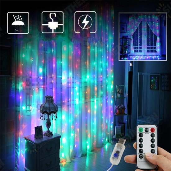 3M*2M USB 8 Modes Remote Control 200 LED Curtain String Light with 10 Hooks Festival Christmas Wedding Decor Christmas Decorations Clearance Lights