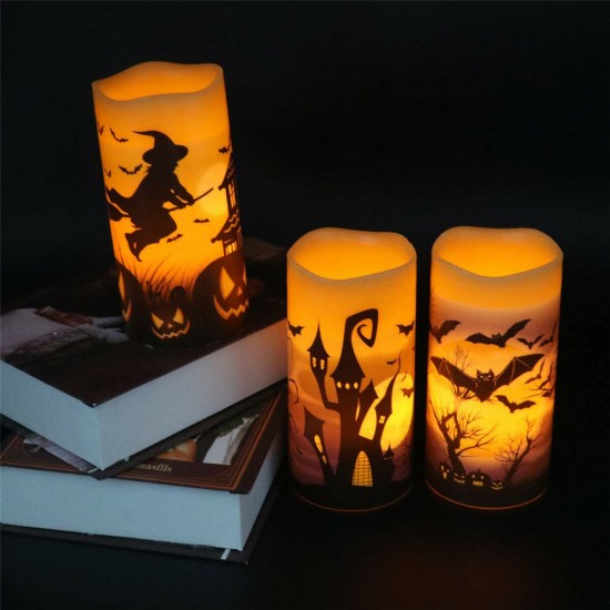 3Pcs Flameless Flickering Candles Warm Light Halloween Decor Castle Witch Bats Yellow