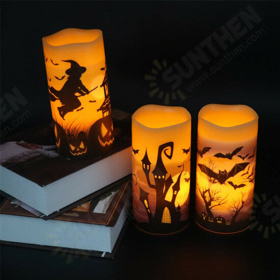 3Pcs Flameless Flickering Candles Warm Light Halloween Decor Castle Witch Bats Yellow