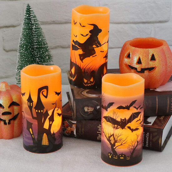 3Pcs Flameless Flickering Candles Warm Light Halloween Decor Castle Witch Bats Yellow