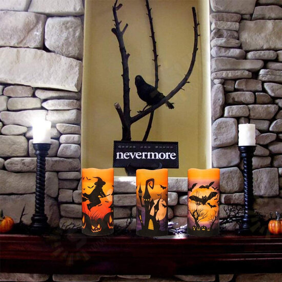 3Pcs Flameless Flickering Candles Warm Light Halloween Decor Castle Witch Bats Yellow