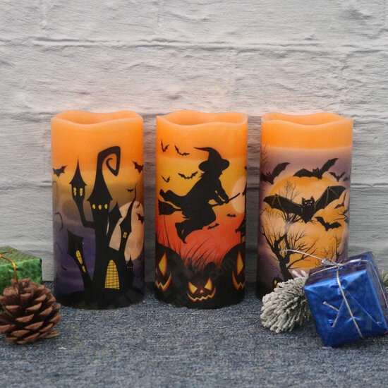 3Pcs Flameless Flickering Candles Warm Light Halloween Decor Castle Witch Bats Yellow