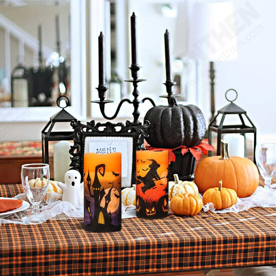 3Pcs Flameless Flickering Candles Warm Light Halloween Decor Castle Witch Bats Yellow