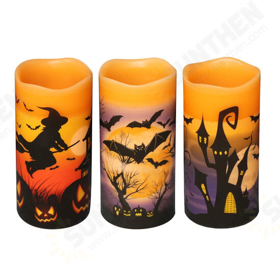 3Pcs Flameless Flickering Candles Warm Light Halloween Decor Castle Witch Bats Yellow