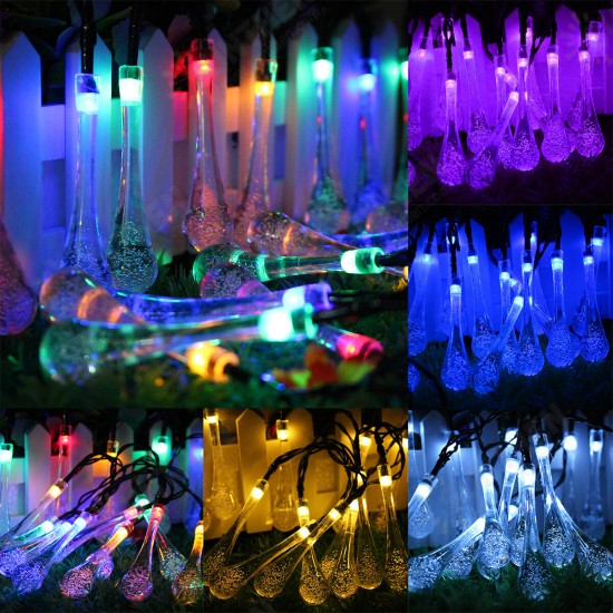 6.5M 30LED Solar Water Drop String Lights Wide Angle Raindrop Teardrop Outdoor Fairy for Christmas Tree Party (Multicolor/Warm White/White)