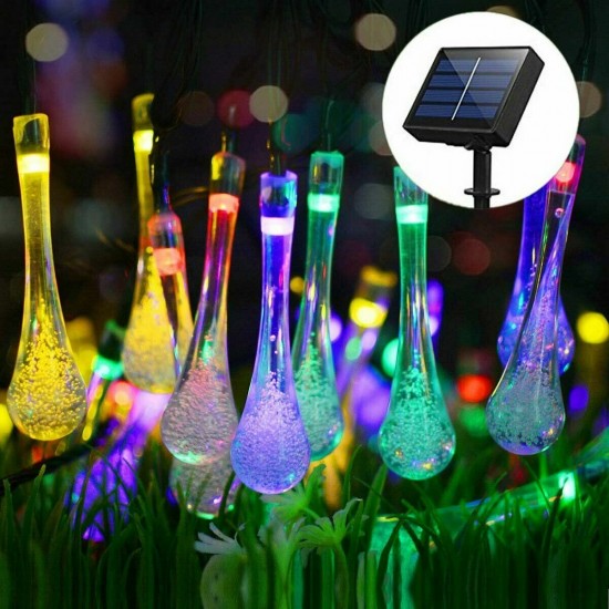 6.5M 30LED Solar Water Drop String Lights Wide Angle Raindrop Teardrop Outdoor Fairy for Christmas Tree Party (Multicolor/Warm White/White)