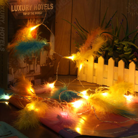 Battery Powered 1.2M 2.2M Colorful Feather Shaped Warm White Indoor Fairy String Light For Christmas