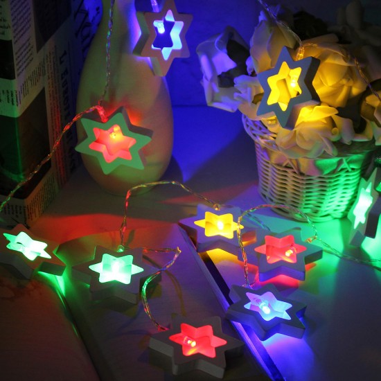 Battery Powered 1.8M 0.3W 10LED Wooden Star Shape Fairy String Light for Christmas Party Decor DC3V