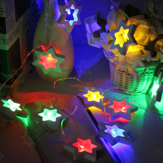 Battery Powered 1.8M 0.3W 10LED Wooden Star Shape Fairy String Light for Christmas Party Decor DC3V