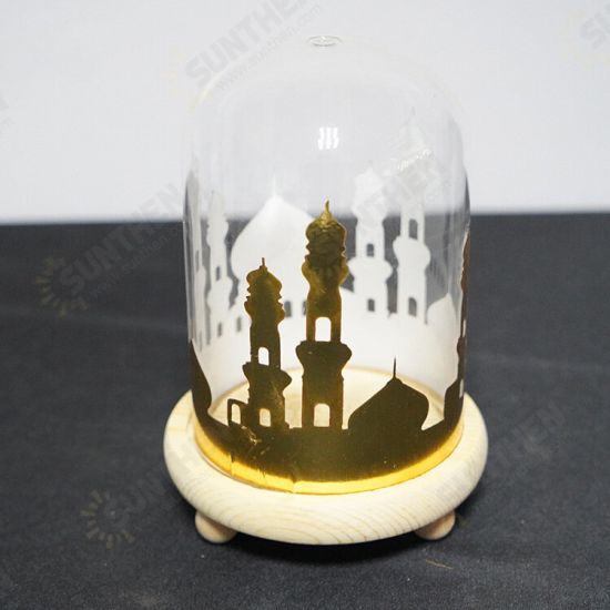 Battery Powered Ramadan Mosque Night Light Glass Cover Wooden Base Decoration Gift