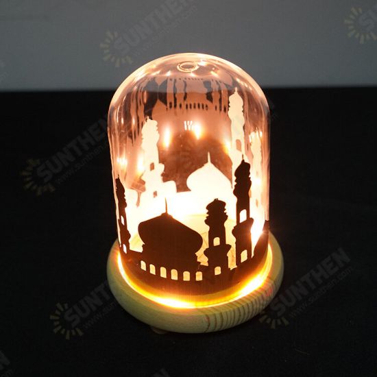 Battery Powered Ramadan Mosque Night Light Glass Cover Wooden Base Decoration Gift