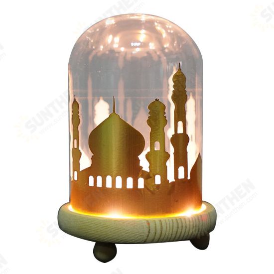 Battery Powered Ramadan Mosque Night Light Glass Cover Wooden Base Decoration Gift