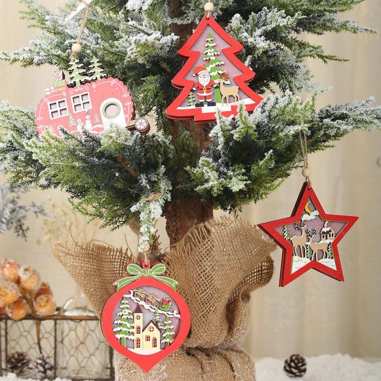 Christmas Decoration Hollow Wooden Pendant Night Light Tree Hanging Ornaments