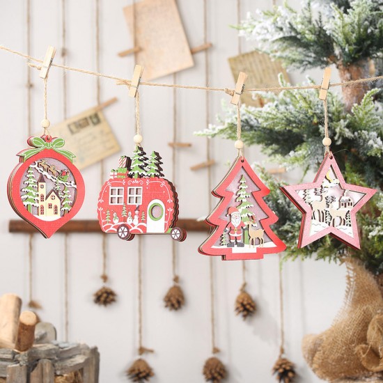 Christmas Decoration Hollow Wooden Pendant Night Light Tree Hanging Ornaments