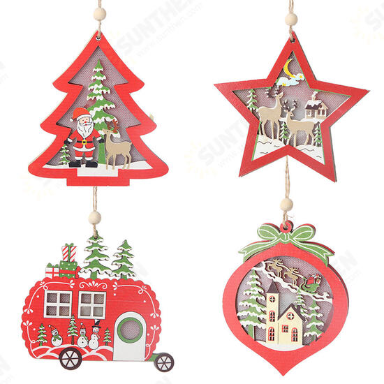 Christmas Decoration Hollow Wooden Pendant Night Light Tree Hanging Ornaments