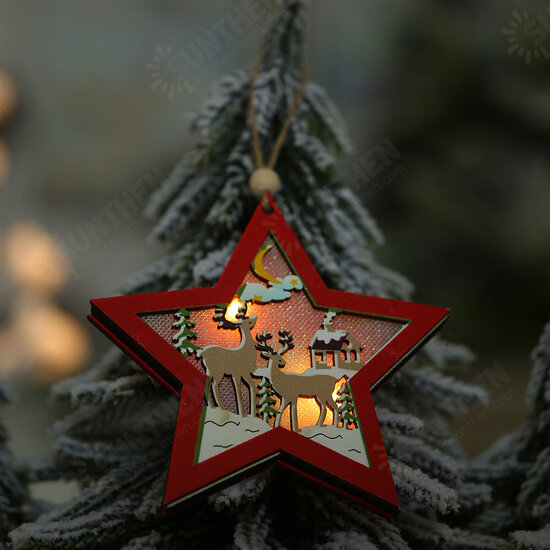 Christmas Decoration Hollow Wooden Pendant Night Light Tree Hanging Ornaments