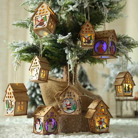 Christmas Wooden Christmas Lighted Wooden Cabin Creative Assembly Small House Decoration Luminous Colored Cabin