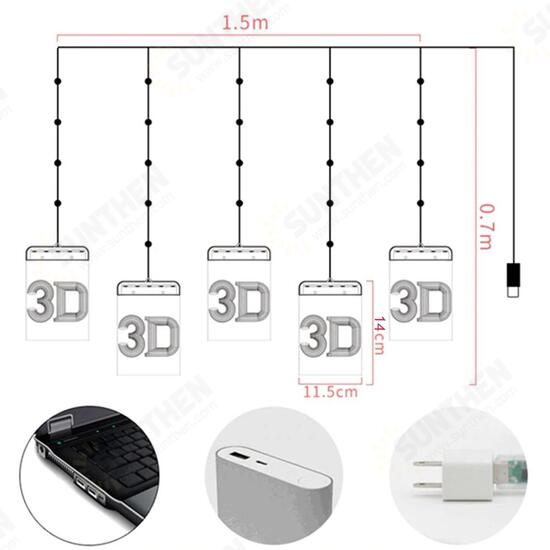 DC5V USB Santa Claus + Bell + Christmas Tree + Snowflake + Snowman 3D LED Hanging Window Curtain String Light