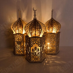 Islam Eid Ramadan Mubarak Decoration Wooden Golden LED Lantern Basswood Night Light Islam Eid Ramadan Mubarak Decoration Wooden Golden LED Lantern Basswood Night Light