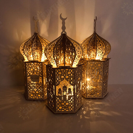 Islam Eid Ramadan Mubarak Decoration Wooden Golden LED Lantern Basswood Night Light