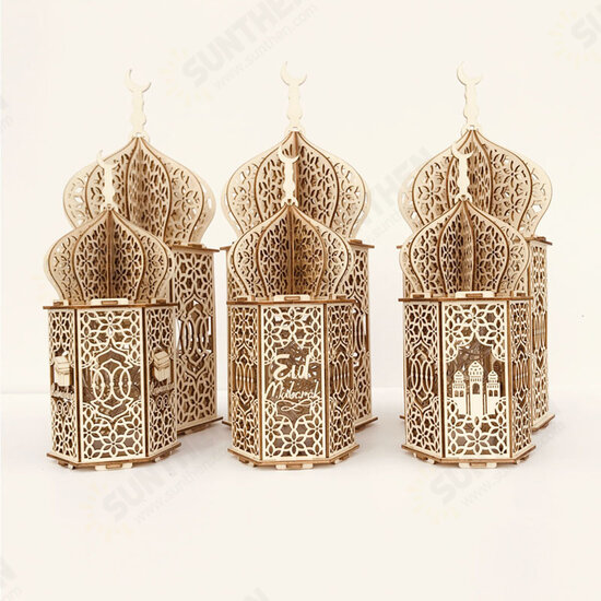 Islam Eid Ramadan Mubarak Decoration Wooden Golden LED Lantern Basswood Night Light