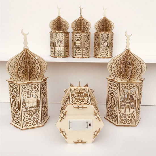 Islam Eid Ramadan Mubarak Decoration Wooden Golden LED Lantern Basswood Night Light