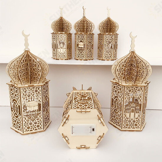 Islam Eid Ramadan Mubarak Decoration Wooden Golden LED Lantern Basswood Night Light