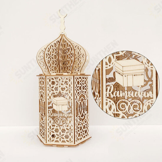 Islam Eid Ramadan Mubarak Decoration Wooden Golden LED Lantern Basswood Night Light