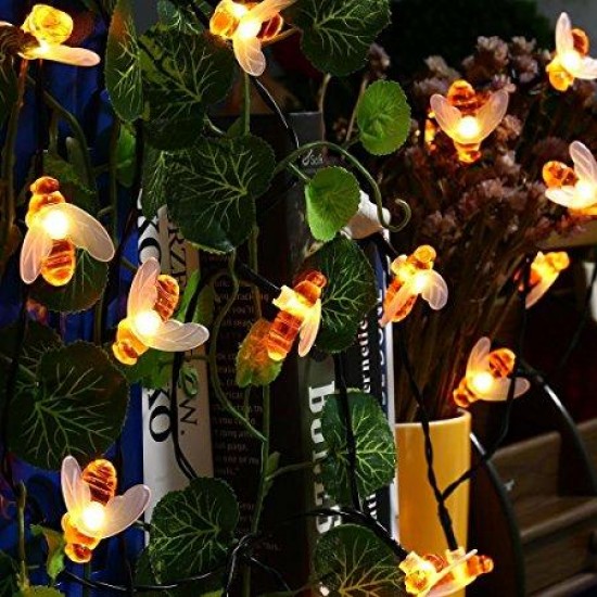 Solar Powered 5M 20LEDs Waterproof Black Yellow Bee Fairy String Light for Garden Party Christmas