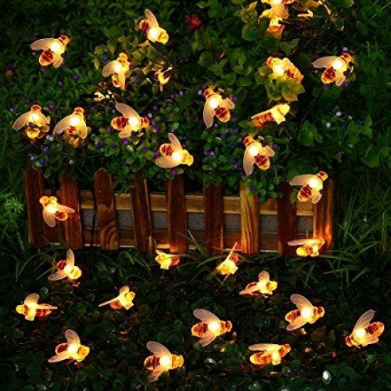 Solar Powered 5M 20LEDs Waterproof Black Yellow Bee Fairy String Light for Garden Party Christmas