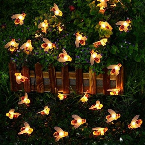 Solar Powered 5M 20LEDs Waterproof Black Yellow Bee Fairy String Light for Garden Party Christmas