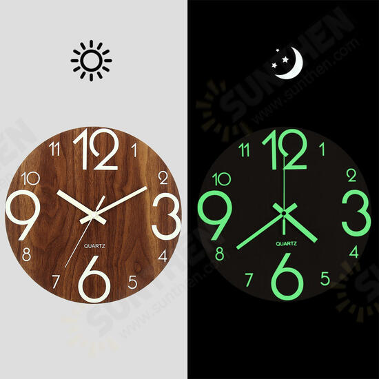 12inch Luminous Wall Clock Wooden Silent Non Ticking Dark Home Room Decor