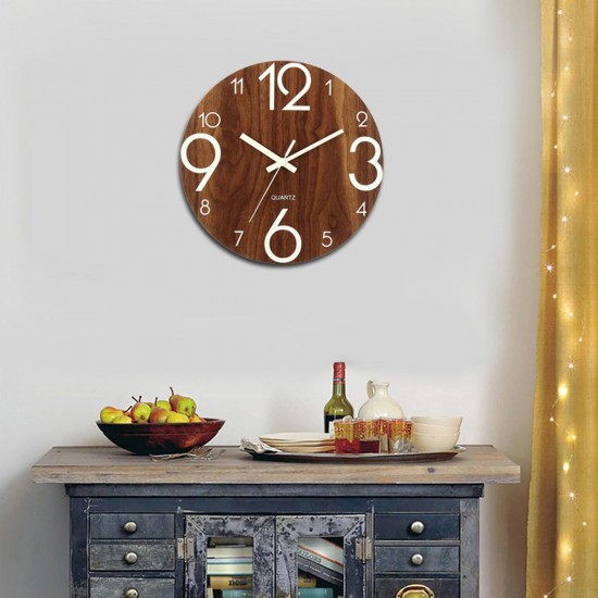 12inch Luminous Wall Clock Wooden Silent Non Ticking Dark Home Room Decor