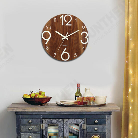 12inch Luminous Wall Clock Wooden Silent Non Ticking Dark Home Room Decor