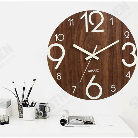 12inch Luminous Wall Clock Wooden Silent Non Ticking Dark Home Room Decor