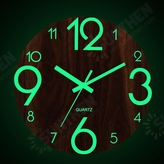 12inch Luminous Wall Clock Wooden Silent Non Ticking Dark Home Room Decor