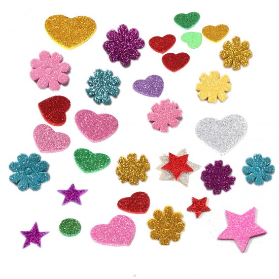 30Pcs Assorted Glitter Shapes Hearts Stars Round Flowers Foam Stickers DIY Craft