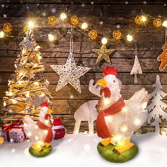 Creative 3D Light Up Chicken with Scarf Lawn Ornament with Led Lights Lump Scarf Rooster Resin Sculpture Corridor Christmas Courtyard Garden Decoration