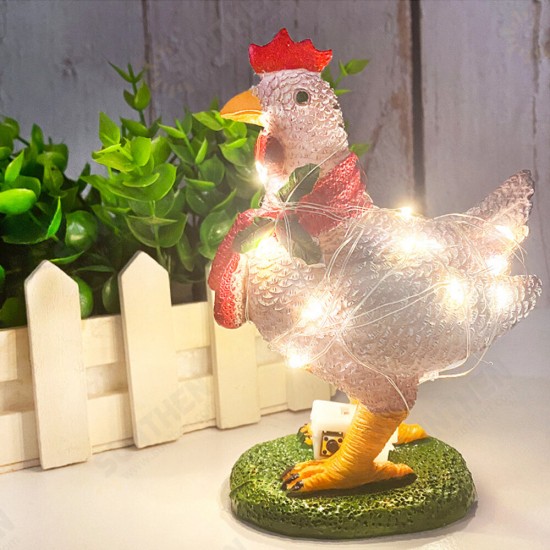 Creative 3D Light Up Chicken with Scarf Lawn Ornament with Led Lights Lump Scarf Rooster Resin Sculpture Corridor Christmas Courtyard Garden Decoration