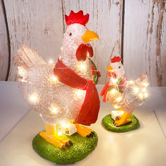 Creative 3D Light Up Chicken with Scarf Lawn Ornament with Led Lights Lump Scarf Rooster Resin Sculpture Corridor Christmas Courtyard Garden Decoration