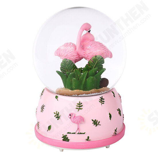 Cute Flamingo Snow Crystal Ball With Light Music Box Theme Musical Birthday Present