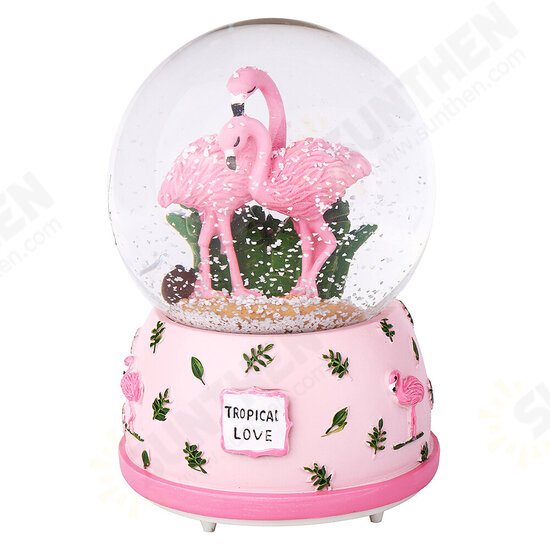 Cute Flamingo Snow Crystal Ball With Light Music Box Theme Musical Birthday Present