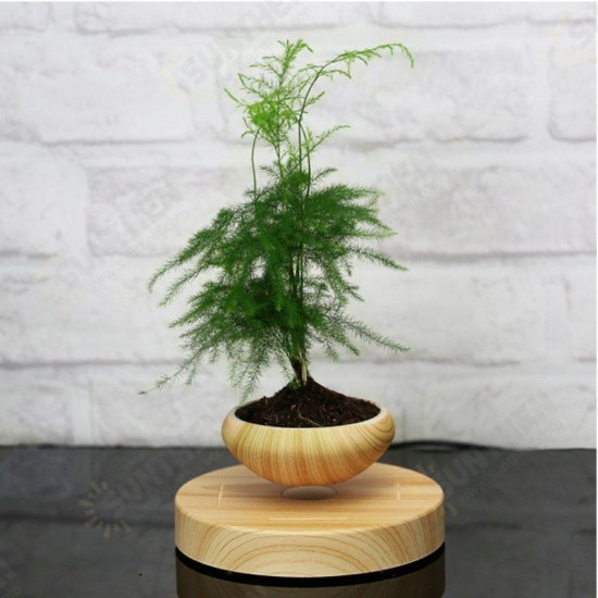 Magnetic Suspended Potted Plant Wood Grain Round LED Indoor Pot Home Office Decoration