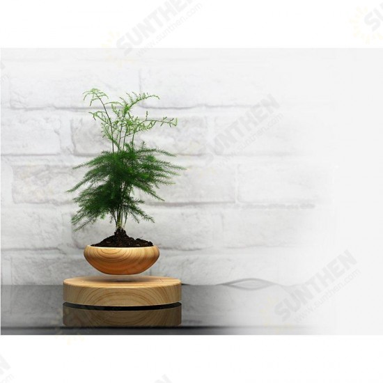 Magnetic Suspended Potted Plant Wood Grain Round LED Indoor Pot Home Office Decoration