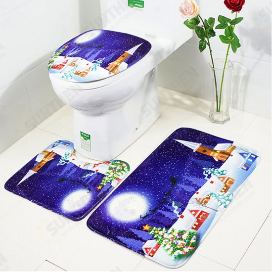 3PCS Set Merry Christmas Toilet Seat Covers Non-Slip Snowman Bathroom Sets Pedestal Rug