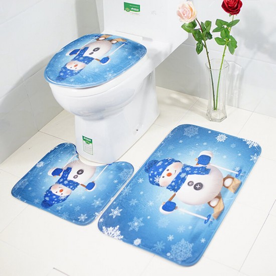 3PCS Set Merry Christmas Toilet Seat Covers Non-Slip Snowman Bathroom Sets Pedestal Rug