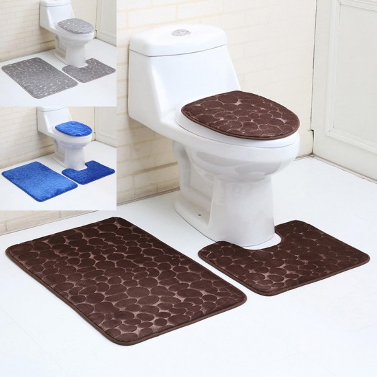 3PCS Toilet Seat Covers Bathroom Carpet Non-Slip Pedestal Rug + Lid Toilet Cover + Bath Mat Set