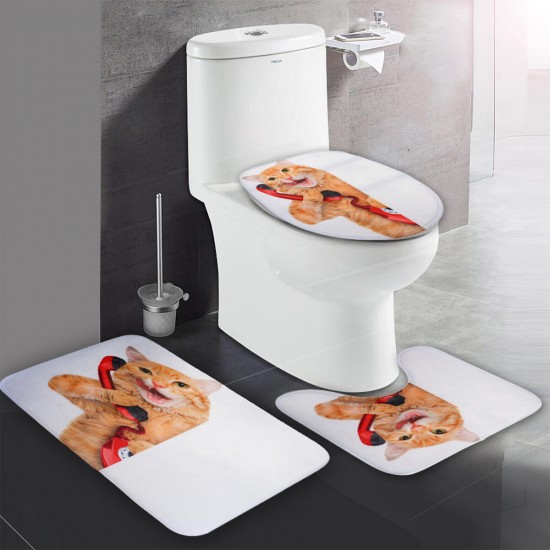 3PCS Toilet Seat Covers Funny Cat Bathroom Soft Pedestal Rugs Lid Toilet Covers Bath Mats Carpets