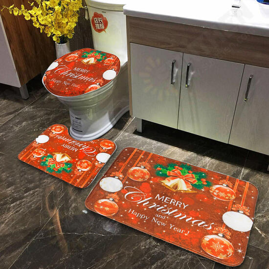 3pcs Bathroom Rug Mats Set Christmas Decoration Anti-slip Toilet Rug Floor Mat