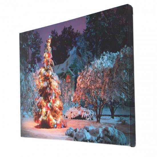40 x 30cm Battery Operated LED Christmas Snowy House Front Tree Xmas Canvas Print Wall Art
